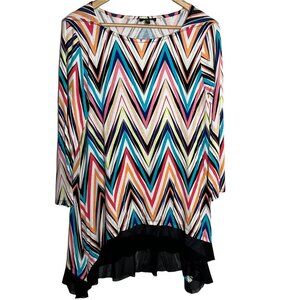 Cupio Chevron Print Tunic Top XL Navy Red Boho Chic Ruffle Hem Flowy Versatile